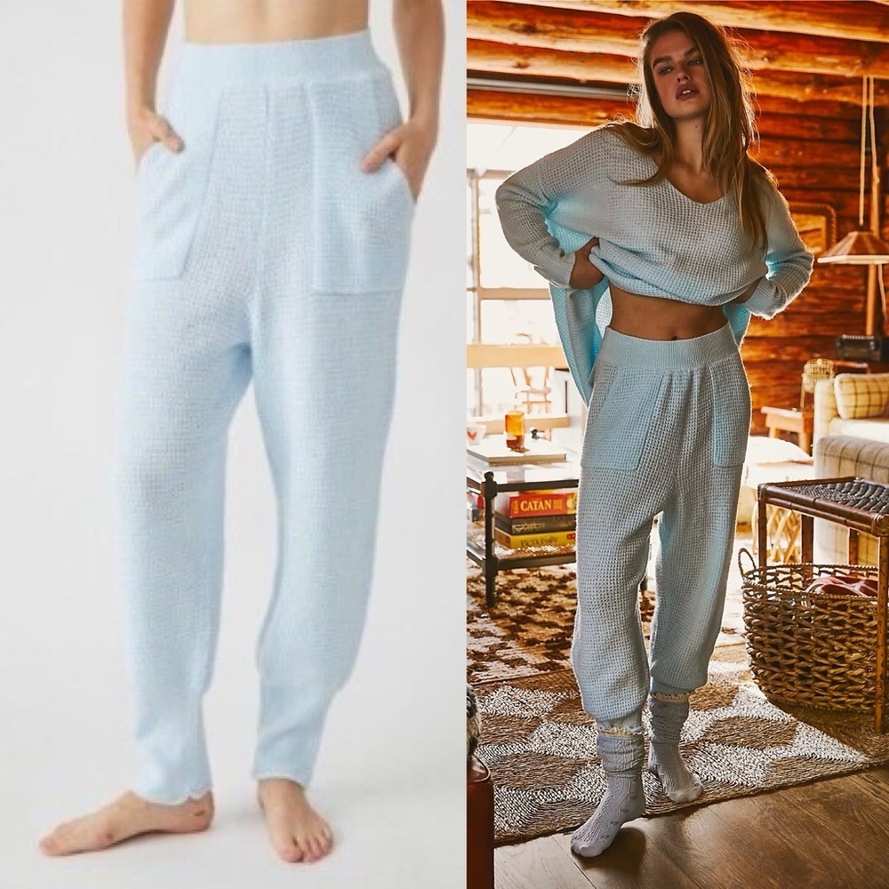 Free People Intimately C.O.Z.Y. Pants Blue Waffle Texture Cozy Lounge Stretch